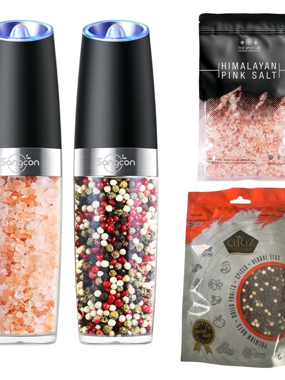 Electric Salt and Pepper Grinder Set - Black with Salt Pepper Refill Bags